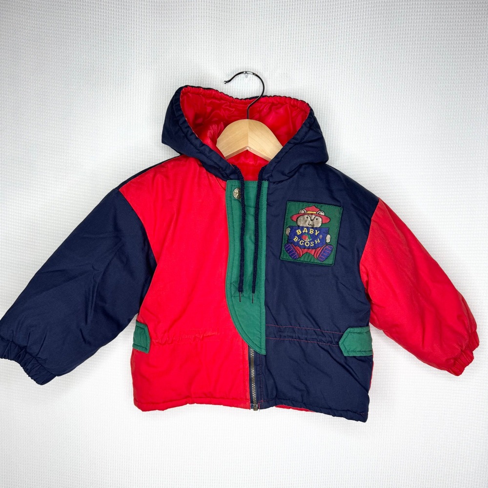Vintage Baby Bgosh Kids 24M Colorblock Puffer Jacket Red Navy Blue 90s Bear Coat